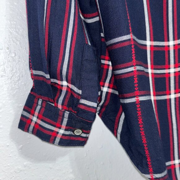 Westbound Plaid Button Front Shirt S Navy Red Rayon Cabincore Fall Top Roll Tab - Picture 6 of 12